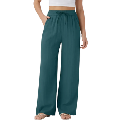 Women’s High Waisted Drawstring Pocket Wide Leg Linen-Feel Pants
