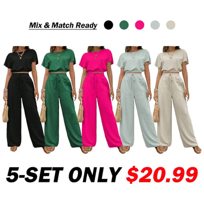 🔥Last Chance 90% Off🔥Women's Solid Color Fitted Top & Wide Leg Pants Two-piece Set