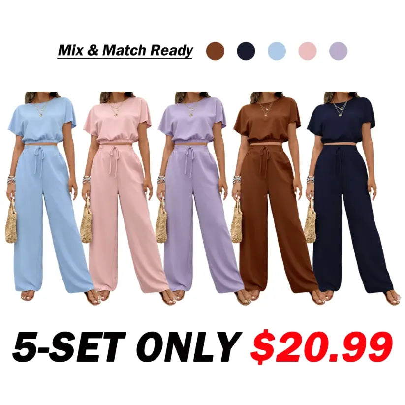 🔥Last Chance 90% Off🔥Women's Solid Color Fitted Top & Wide Leg Pants Two-piece Set