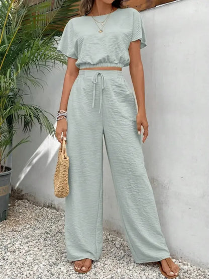 🔥Last Chance 90% Off🔥Women's Solid Color Fitted Top & Wide Leg Pants Two-piece Set