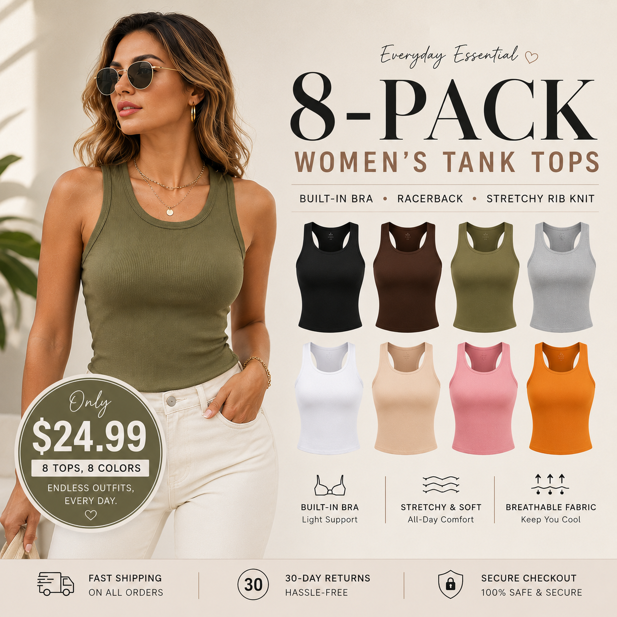 This Week's Special Price🍃Round Neck Built-in Bra Ribbed Tank Top Fit Casual Comfortable💥