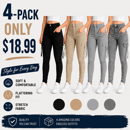 🔥MID YEAR SALE🔥Women's Plain Multi-pocket Denim Elastic Slim Fit Button Cargo Denim Pants