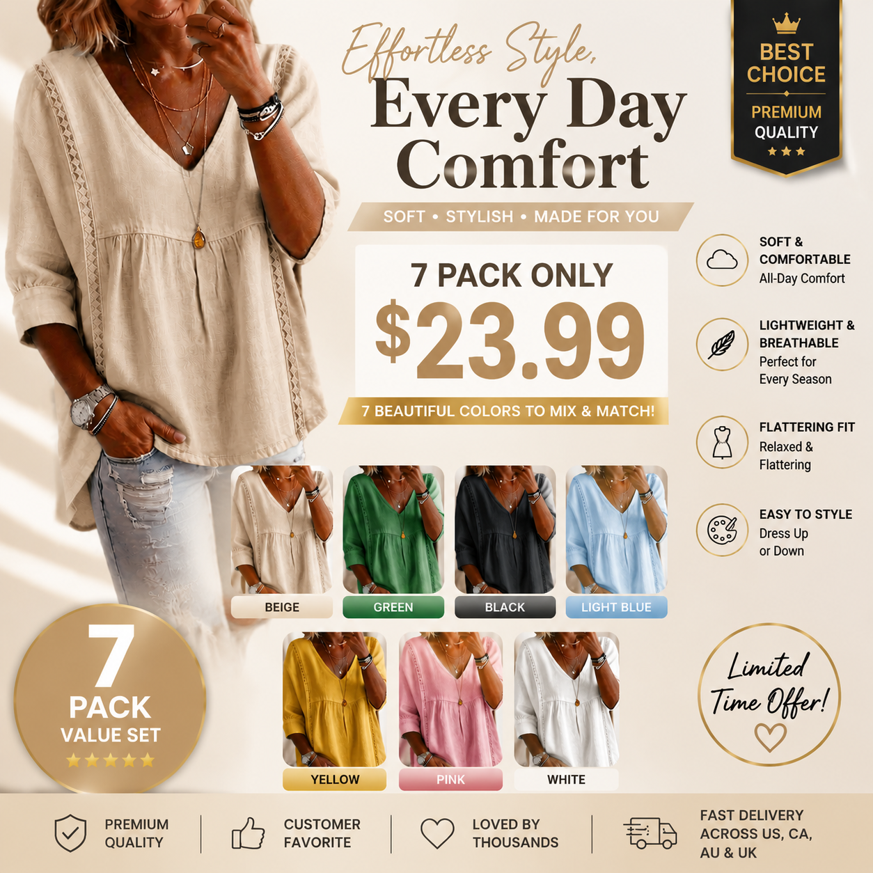 Casual Women's Sleeve Ruffled V-Neck Pullover Top in Multiple Colors