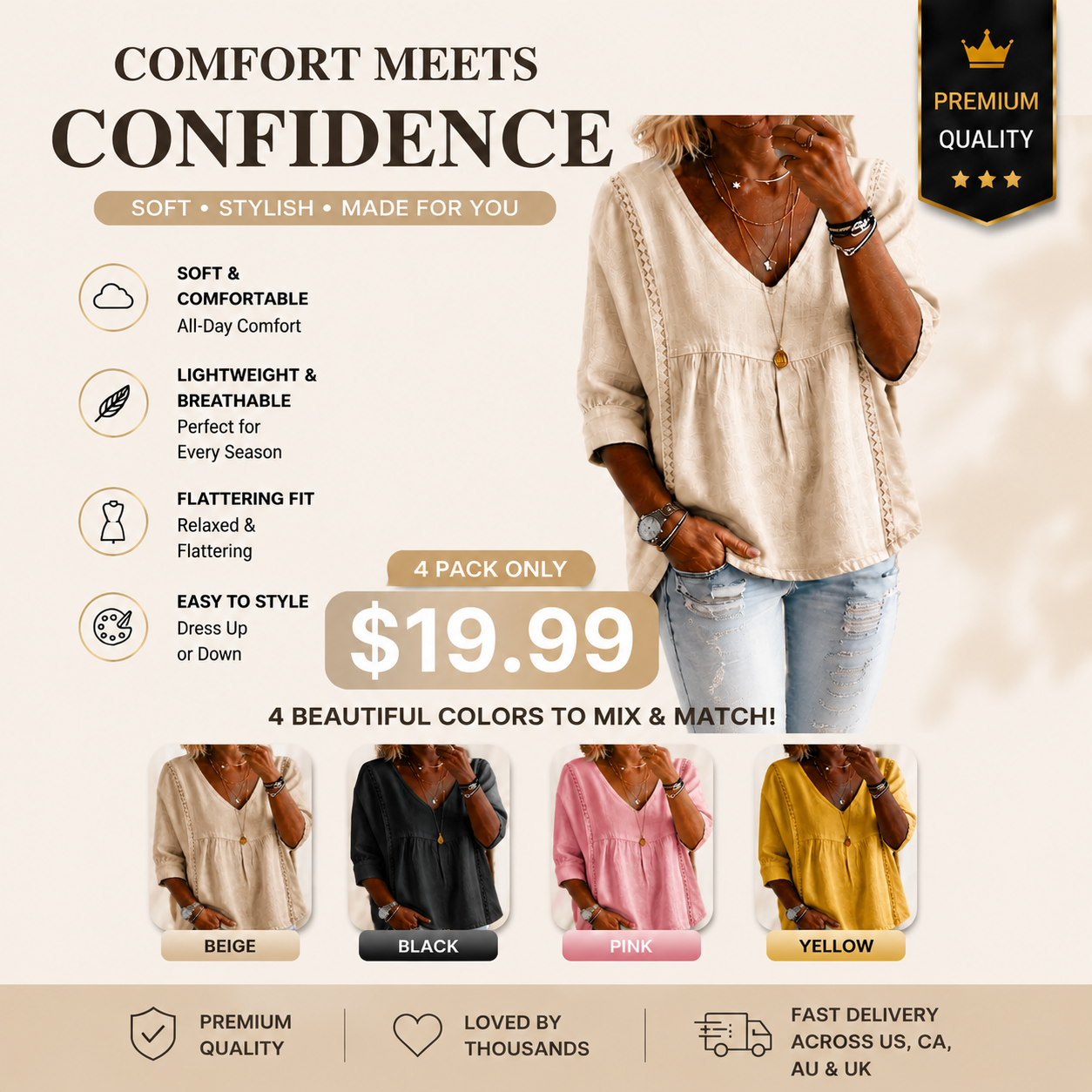 Casual Women's Sleeve Ruffled V-Neck Pullover Top in Multiple Colors