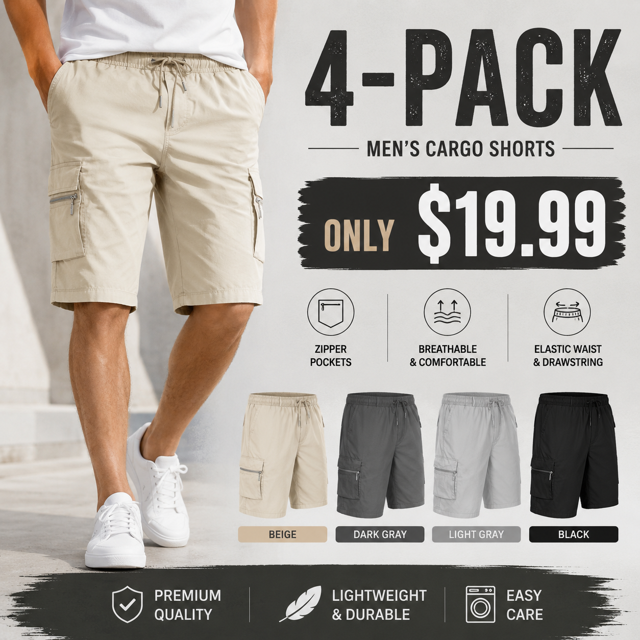 Mens Cargo Shorts Combat Multi Pocket Elasticated Waist Plain Lightweight Shorts