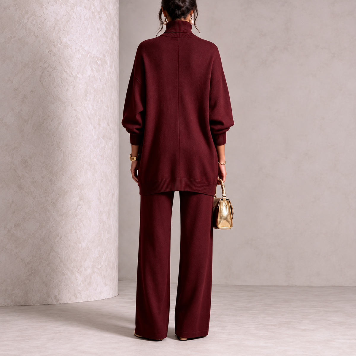 Elegant Burgundy Knit Asymmetrical Button Set
