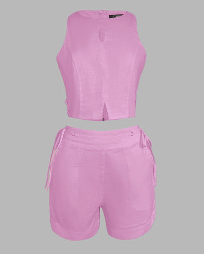 2 Pieces Outfit Button Decor Sleeveless Hollow-out Front Zipper Back Crop Top and Casual Elastic Back Waist Tie Side Shorts Set