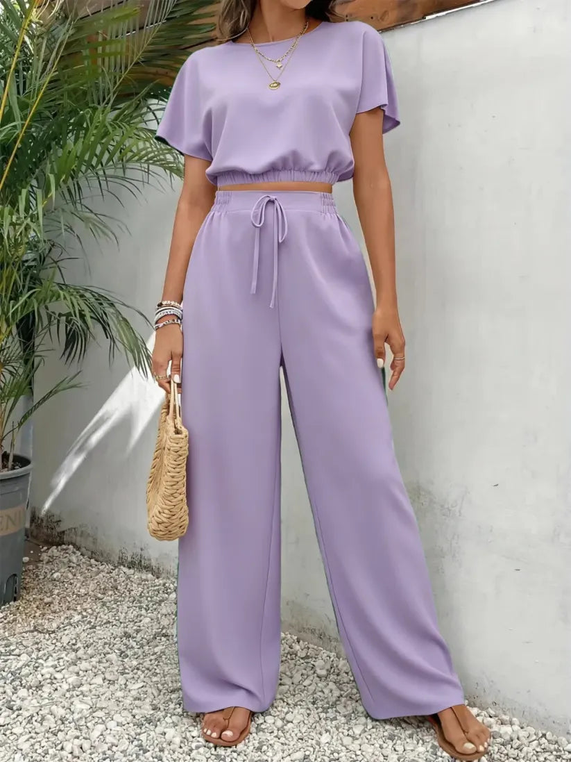 🔥Last Chance 90% Off🔥Women's Solid Color Fitted Top & Wide Leg Pants Two-piece Set