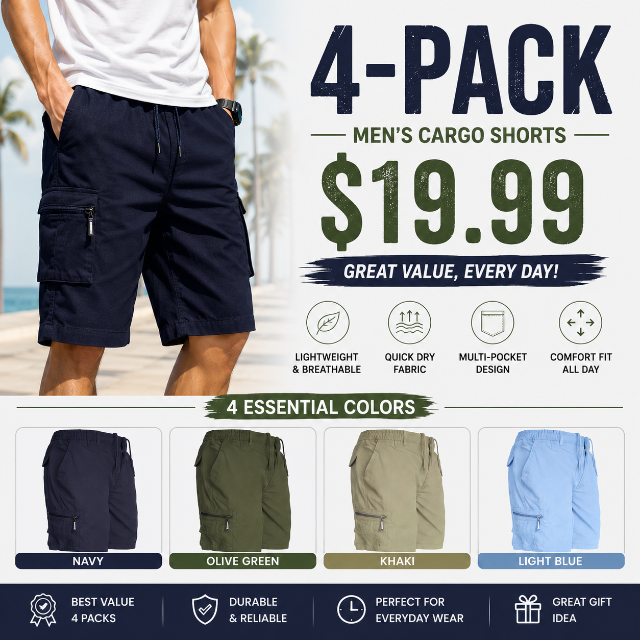 Mens Cargo Shorts Combat Multi Pocket Elasticated Waist Plain Lightweight Shorts