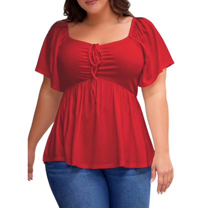 Women Plus Size Sweetheart Neck Short Sleeve Shirred Peplum Blouse Tops Shirts(S-5X)