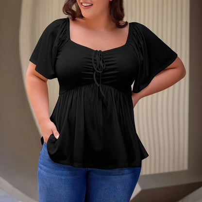 Women Plus Size Sweetheart Neck Short Sleeve Shirred Peplum Blouse Tops Shirts(S-5X)