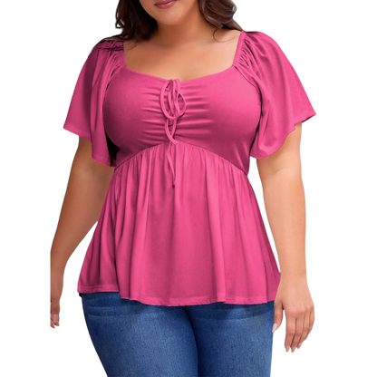Women Plus Size Sweetheart Neck Short Sleeve Shirred Peplum Blouse Tops Shirts(S-5X)