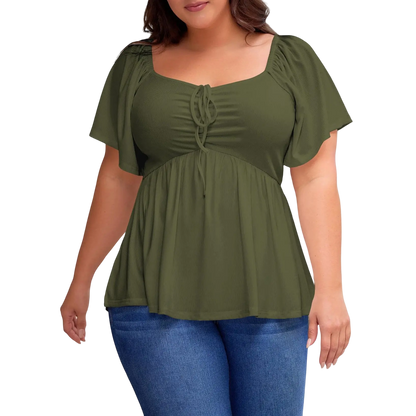 Women Plus Size Sweetheart Neck Short Sleeve Shirred Peplum Blouse Tops Shirts(S-5X)