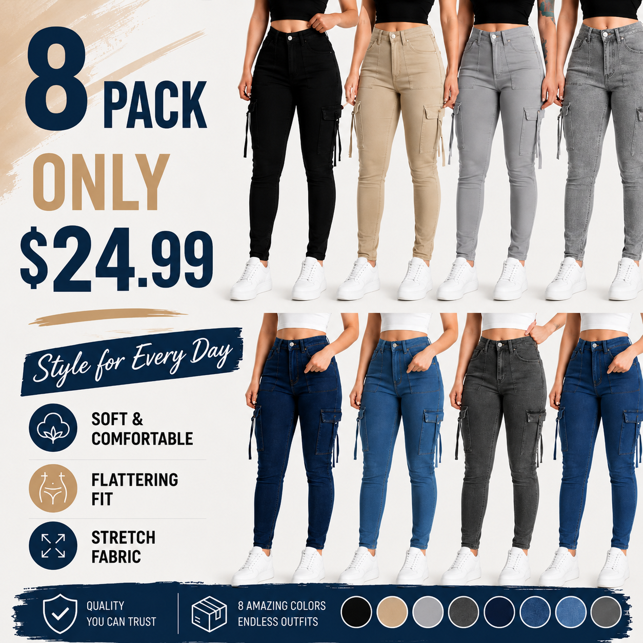🔥MID YEAR SALE🔥Women's Plain Multi-pocket Denim Elastic Slim Fit Button Cargo Denim Pants
