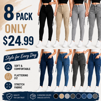 🔥MID YEAR SALE🔥Women's Plain Multi-pocket Denim Elastic Slim Fit Button Cargo Denim Pants
