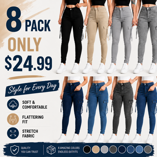 🔥MID YEAR SALE🔥Women's Plain Multi-pocket Denim Elastic Slim Fit Button Cargo Denim Pants