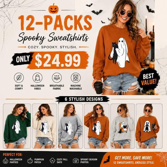 Halloween Sweatshirts for Women Halloween Black Cat Ghost Shirt | Oversized Halloween Sweaters for Women with Black Cat, Ghost Print, Perfect for Spooky Season, Halloween Party, Fall Outfits