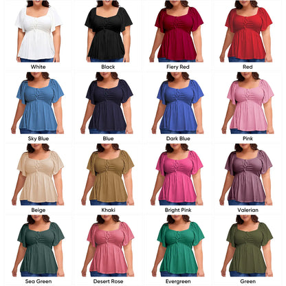 Women Plus Size Sweetheart Neck Short Sleeve Shirred Peplum Blouse Tops Shirts(S-5X)