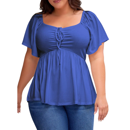 Women Plus Size Sweetheart Neck Short Sleeve Shirred Peplum Blouse Tops Shirts(S-5X)
