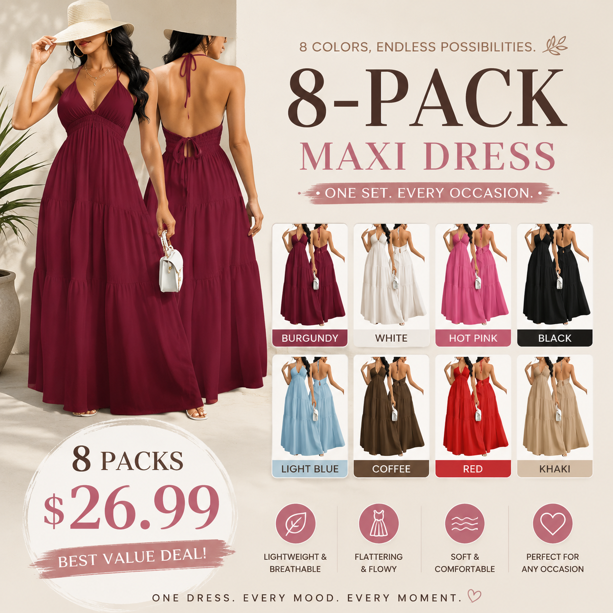 Women's Maxi Summer Dresses Halter V Neck Beach Dresses for Women A-Line Casual Dress for Vacation