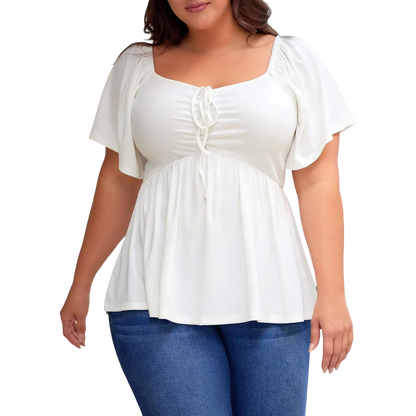 Women Plus Size Sweetheart Neck Short Sleeve Shirred Peplum Blouse Tops Shirts(S-5X)