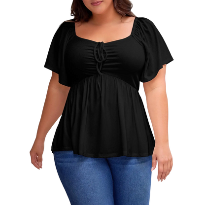 Women Plus Size Sweetheart Neck Short Sleeve Shirred Peplum Blouse Tops Shirts(S-5X)
