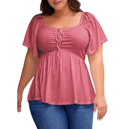 Women Plus Size Sweetheart Neck Short Sleeve Shirred Peplum Blouse Tops Shirts(S-5X)