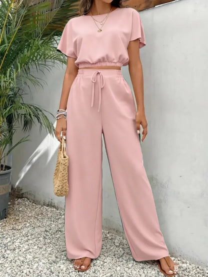 🔥Last Chance 90% Off🔥Women's Solid Color Fitted Top & Wide Leg Pants Two-piece Set