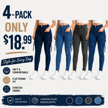 🔥MID YEAR SALE🔥Women's Plain Multi-pocket Denim Elastic Slim Fit Button Cargo Denim Pants